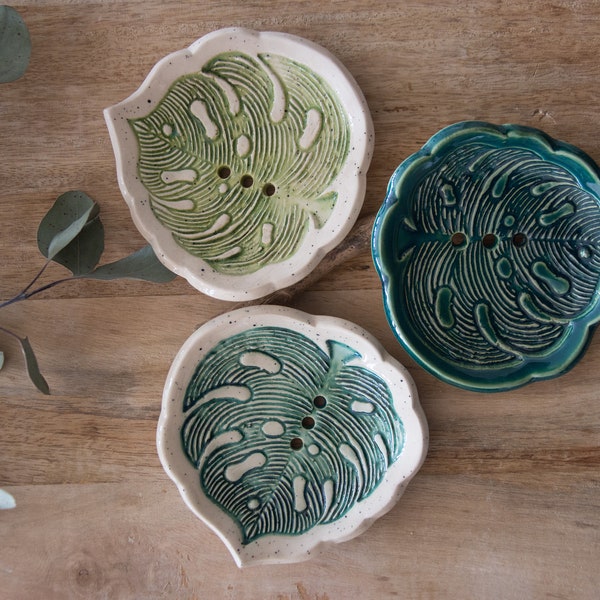 Keramik Seifenschale - Monstera - verschiedene Grüntöne - dunkelgrün - hellgrün
