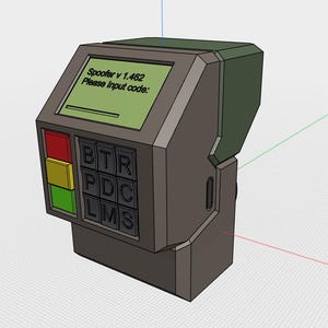 May include: A gray and green device with a screen that reads "Spoofer v 1.462 Please input code:". The device has a keypad with the letters B, T, R, P, D, C, L, M, and S.