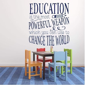 May include: A classroom wall decal with the quote "Education is the most powerful weapon which you can use to change the world." The quote is in navy blue lettering and features a pencil graphic. The decal is displayed on a white wall above a table and four chairs.