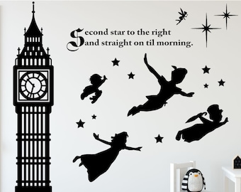 Peter Pan Vinyl Full Wall Mural with Characters, Tinkerbell, Big Ben Clock Tower, Quote, and Stars - Second Star to the Right