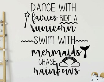 Unicorn Wall Decal Quote - Dance With Fairies Ride A Unicorn - Girl's Room Vinyl Sticker Decoration