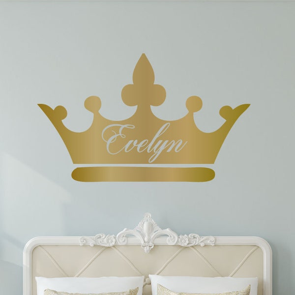 Princess Crown Decor, Princess Wall Decal, Gold Girls Bedroom Wall Decor, Nursery Decor Wall Sticker, Personalized Wall Decal Name Kids Room