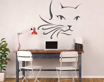 Cat Wall Decals - Cat Face - Cat Lover Gifts, Kids Playroom Vinyl Wall Decor, Nursery Art, Decorations for Children or Teen Bedroom,