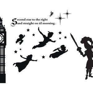 Custom Request Peter Pan Vinyl Full Wall Mural with Captain Hook - 72 inch tall clock tower with characters proportional