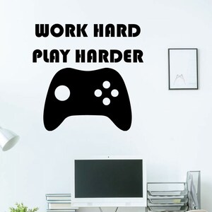 Gamer Wall Decal - Work Hard Play Harder - GAME Controller Sticker - Vinyl Decoration for Boy&#39;s Bedroom, Playroom or Game Room