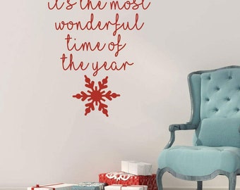 Christmas Wall Decal - It's The Most Wonderful Time Of The Year - Snow Flake Vinyl Decor for Living Room or Home Decoration