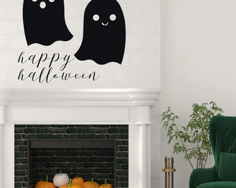 Halloween Decorations | Two Ghost Silhouette Decal with Vinyl Lettering: Happy Halloween