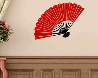 Vinyl Wall Decal Chinese Oriental Hand Fan Design | Asian Cultural Decor | Red, Black, Gold, Brown, Silver Other Colors | Small and