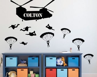 Army Wall Decor - Soldiers Parachuting From Chinook Helicopter - Personalized Name Vinyl Decal for Kids Playroom, Children, Military