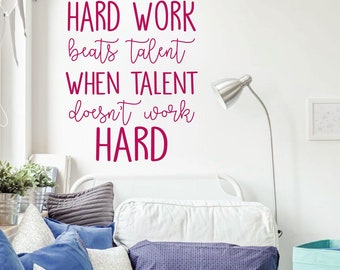 Sport Inspirational Wall Decal Quote - Hard Work Beats Talent - Vinyl Decor for Girl's Bedroom or Playroom Decorations