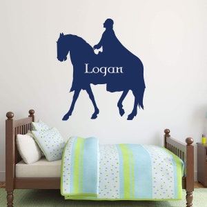 Customized Name Horse and Rider Wall Decal | Personalized Knight Silhouette Vinyl Sticker for Boy&#39;s Bedroom, Playroom | Small, Large