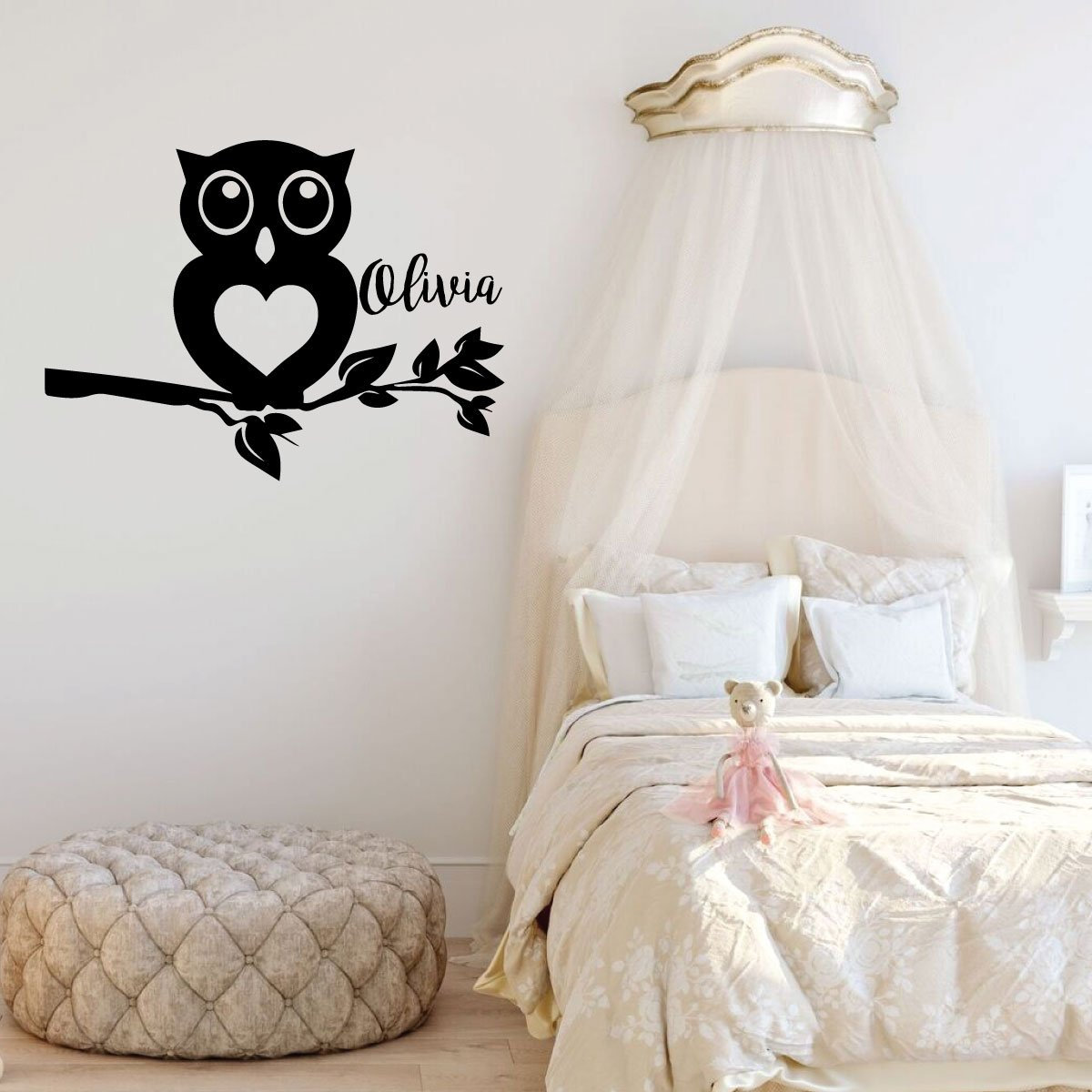 Personalized Name Owl Wall Decal - Custom Nursery Decoration For Baby Girl Or Boy, Choose Size & Color