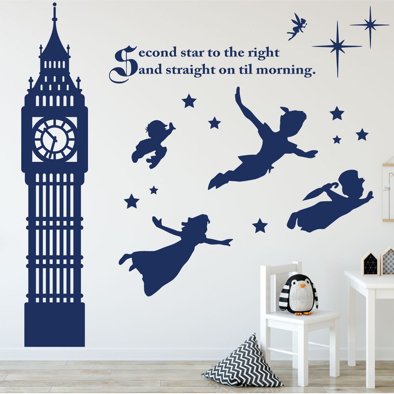 Peter Pan Vinyl Full Wall Mural With Characters, Tinkerbell, Big Ben