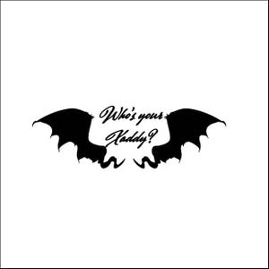 May include: Black silhouette of bat wings with the text "Who's your Haddy?" in a cursive font. The image is set against a white background.