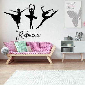 Three Ballet Dancers with Personalized Vinyl Decal for Girls Room - Customized Color, Size, and Name Wall Sticker for Bedroom or Dance