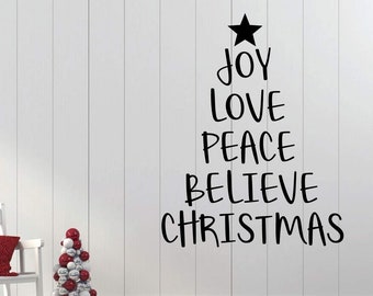 Christmas Tree Wall Decal - Joy Love Peace Believe - Holiday Vinyl Stickers for Living Room or Home Decoration