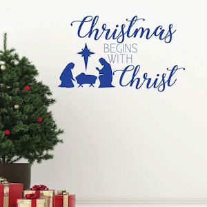 Nativity Christmas Decoration - Christmas Begins With Christ - Holiday Vinyl Wall Decal for Living Room or Home Decoration