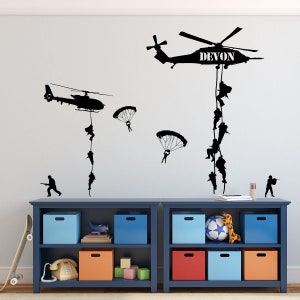 Army Wall Decals, Soldiers Parachuting from Helicopters Personalized for Kids Playroom, Children, Military Families