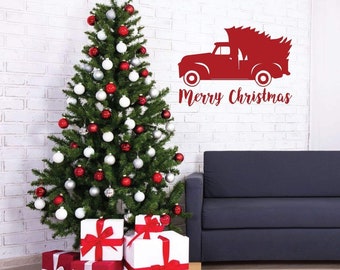 Merry Christmas Wall Decal - Chevy Truck with Pine Tree - Holiday Vinyl Decor for Living Room or Home Decoration