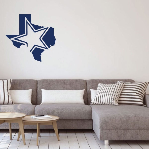 Blue Dallas Cowboy Texas Star Vinyl Wall Decal with State Silhouette for Living Room, Office, Bedroom, Playroom or Man Cave