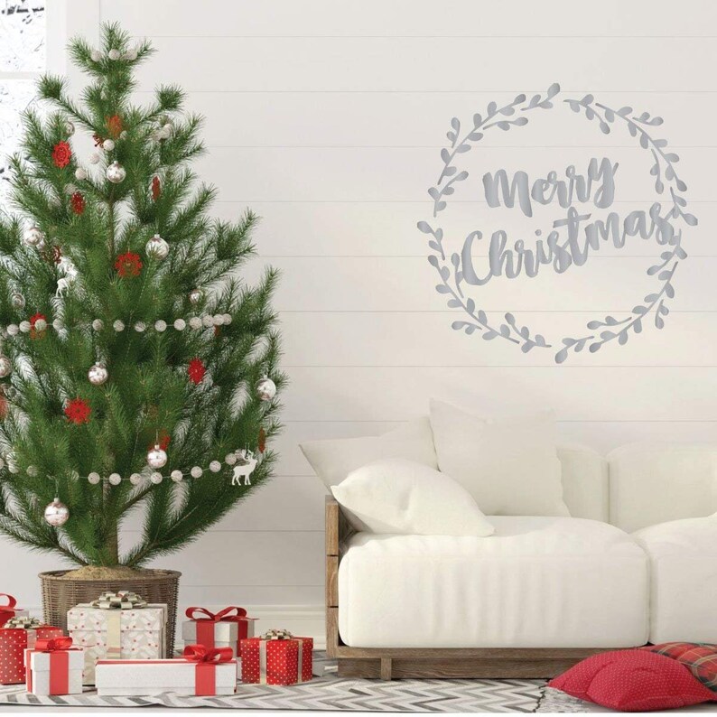Merry Christmas Wreath Wall Decal Design Holiday Vinyl Decor Etsy