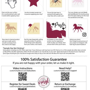 May include: A step-by-step guide for applying vinyl decals, featuring illustrations of the process. Includes a maroon star, a horse silhouette, and the word "Paisley". The image also contains a satisfaction guarantee and QR codes.