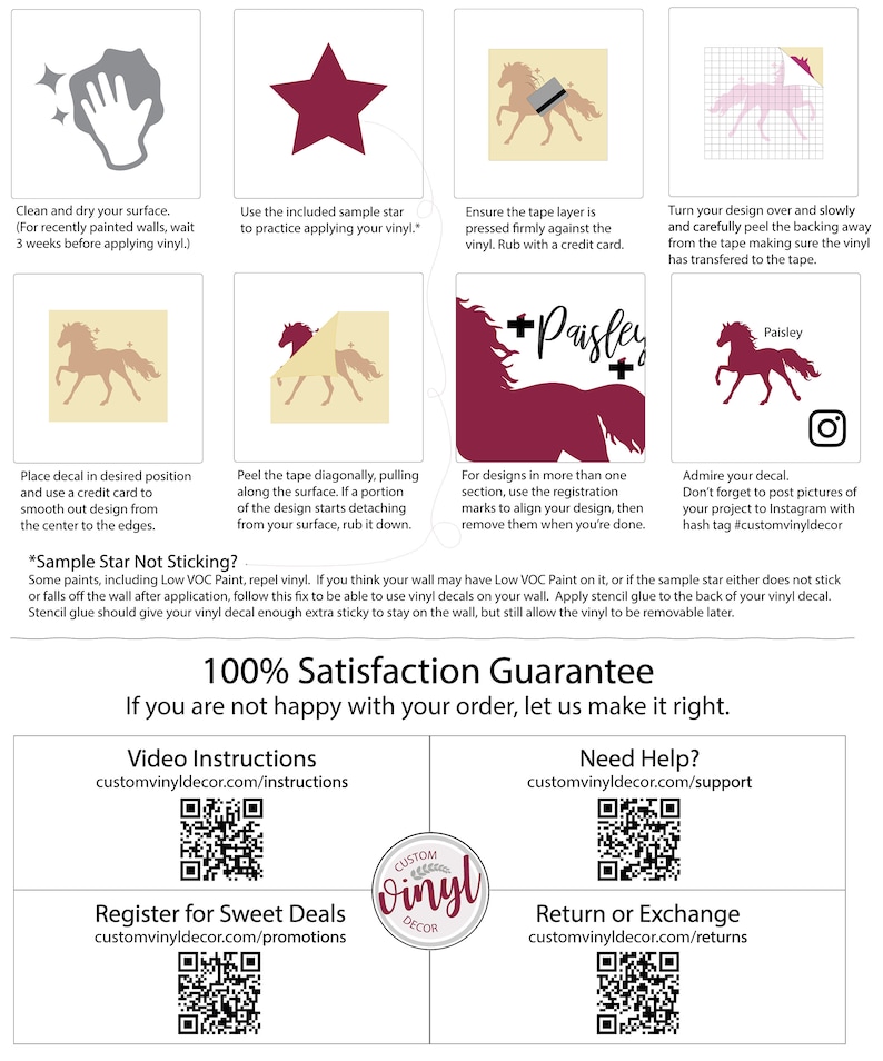 May include: A step-by-step guide for applying vinyl decals, featuring illustrations of the process. Includes a maroon star, a horse silhouette, and the word "Paisley". The image also contains a satisfaction guarantee and QR codes.