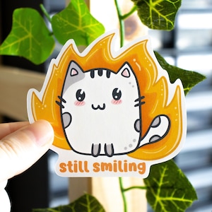Burnout Cat Vinyl Sticker, Still Smiling, Lustiges Meme Grau Tuxedo Katzen Aufkleber, Kawaii Tier, Planer, Laptop, Mental Health Awareness, Journal