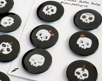 Skull Button Badge Pack - Cute Skull Pin Button - Skeleton Pin Button Pack - Skull Dager Pin Bagde - Handpressed Button - Goth