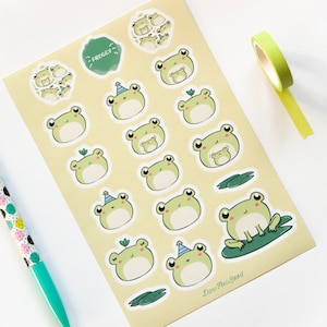 Hoja de pegatinas de Froggie, pegatinas lindas de ranas, pegatina de corte de beso, pegatina de planificador de vinilo de rana, hojas de pegatinas de planificador Kawaii, regalos de diario