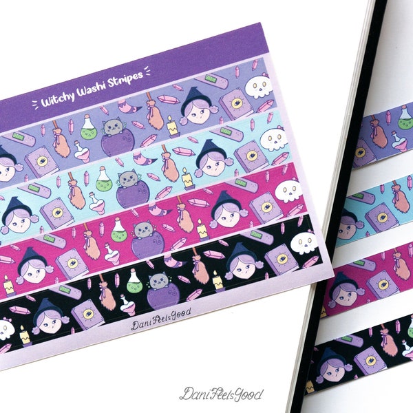 Witchy Washi Stripes, Washi Sticker, Kawaii Washi Tape Samples, Planner Stickers, Witchcraft, Magic, Moon, Bullet Journal, Laptop Sticker