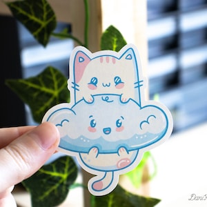 Autocollant en vinyle chat pastel mignon, nuage câlin, autocollant nuage heureux, animal kawaii, planificateur, ordinateur portable, esthétique, autocollant de journal découpé
