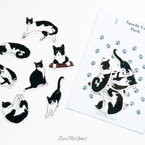 Tuxedo Cat Vinyl Sticker Pack, 7 Sticker, süße schwarz-weiße Katzenaufkleber, Geschenk für Katzenliebhaber, Kawaii Planner Sticker