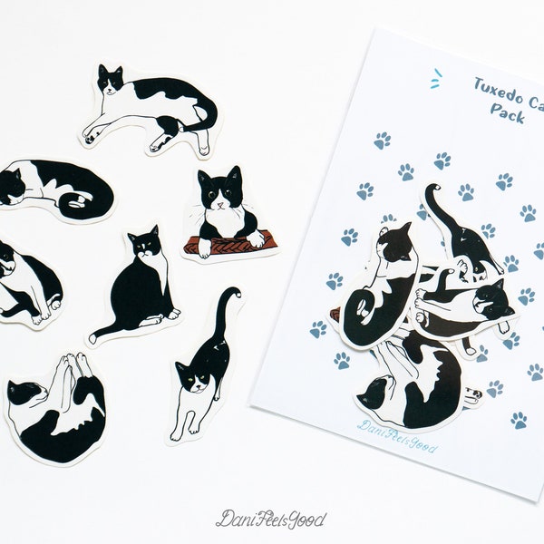 Tuxedo Cat Sticker Pack, 7 Stickers, Cute Black and White Cat Decals, Cat Lover Gift, Kawaii Planner Stickers