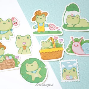 Zestaw naklejek Froggie's Spring, 9 naklejek, urocze naklejki do planera z żabami, naklejki winylowe, dziennik Cottagecore Frog, estetyka laptopa
