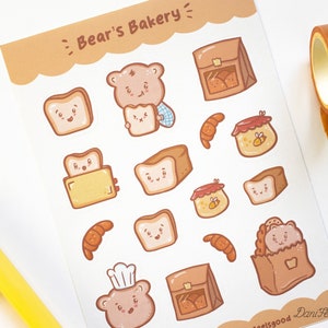 Foglio di adesivi da forno dell'orso carino, decalcomania da forno Kawaii, adesivi in vinile, tema del pane, miele, croissant, cancelleria Bujo, regalo per lei