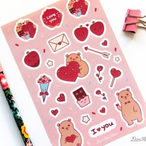 Hoja de pegatinas de San Valentín, Pegatinas de vinilo Kawaii, Fresa linda, Osito de peluche, Cupido dulce, Feliz San Valentín, Planificador de vacaciones, Deco