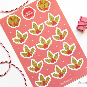 Linda hoja de pegatinas de acebo, pegatinas de Navidad Kawaii, hojas pequeñas, vacaciones acogedoras, pegatina de corte de beso de vinilo, pegatinas del planificador, diario, regalos