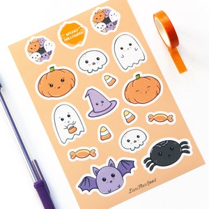 Spooky Cute Halloween arkusz naklejek, Wesołego Halloween, pocałunek Cut naklejki, naklejki winylowe Planner, arkusze naklejek Kawaii, prezenty dziennika dla niej