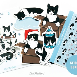 Tuxedo Cat Sticker BUNDLE, süße schwarz-weiße Katzenaufkleber, Geschenk für Katzenliebhaber, Kawaii Vinyl Planner Sticker, Journal Stationery Bujo