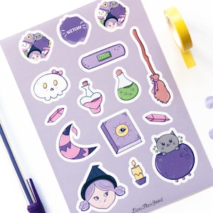 Feuille d’autocollants de sorcière, sorcellerie, magie, lune, autocollant Kiss Cut, autocollants de planificateur de vinyle, feuilles d’autocollants Kawaii, Bujo Journal, cadeaux pour elle