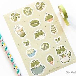 Goditi il tuo foglio di adesivi Matcha, gatto Matcha, pianificatore di vinili alimentari, torta estetica Kawaii, bevanda al tè verde, dessert carini, regalo di cancelleria