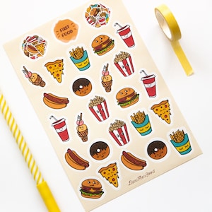 Hoja de pegatinas de comida rápida, pegatina linda del planificador, pegatina de vinilo con corte de beso, pegatinas de comida chatarra, pegatina de pizza, pegatina de hamburguesa, diario Kawaii