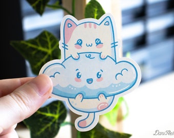 Pegatina de vinilo con bonito gato pastel, nube abrazada, calcomanía de nube feliz, animal kawaii, planificador, computadora portátil, estética, pegatina troquelada para diario