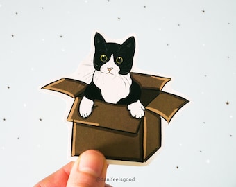 Smokingkatt vinylklistermärke, lekande katt, lådkatt, lekfull, smokingkatt, sött klistermärke, presenter, smokingkattpresenter, bullet journal, laptopklistermärke