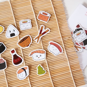 Paquete de pegatinas de sushi, lindas pegatinas de vinilo de sushi, sushi kawaii, comida japonesa, sashimi, rollos de sushi, nigiri, pegatina para computadora portátil, diario, regalos