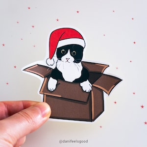 Autocollant de chat de smoking, autocollant de vinyle de chat de Noël, chat jouant, chat de boîte, chat de smoking, cadeaux, cadeaux de chat de smoking, Bullet Journal, autocollant d’ordinateur portable