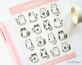 Stickervel met Tuxedo Cat, schattige zwart-witte vinyl stickers met katten, cadeau voor kattenliefhebber, kawaii planner stickers, dagboekcadeaus voor haar