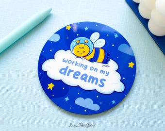 Working on My Dreams Coaster, Cute Kawaii Bee Drink Coaster, Cottagecore Coffee Table Decor, Space Bee Gift for Her, Whimsical Homeware