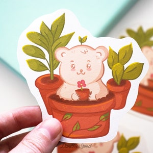 Autocollant en vinyle mignon d'ours de fleur, vase floral, cadeau d'ours, journal, animal kawaii, planificateur, autocollant pour ordinateur portable